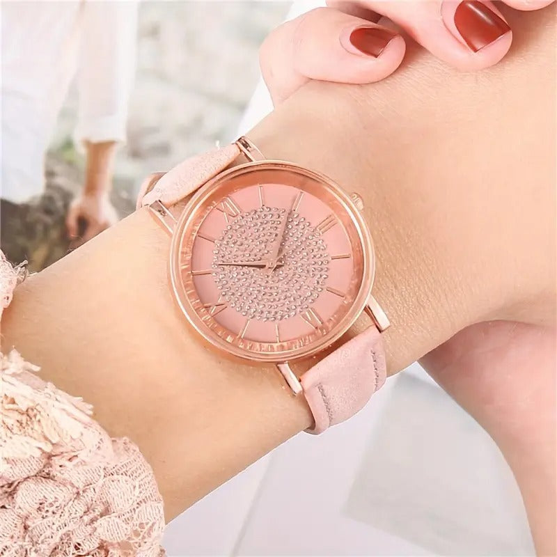 ladies casual quartz watch embellishments round