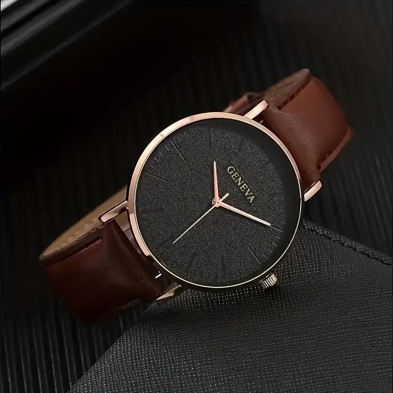 Elegant quartz watch men women rose golden alloy case brown