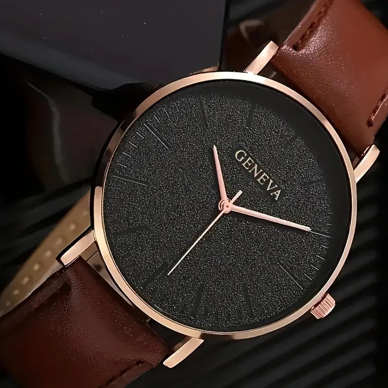 Elegant quartz watch men women rose golden alloy case brown
