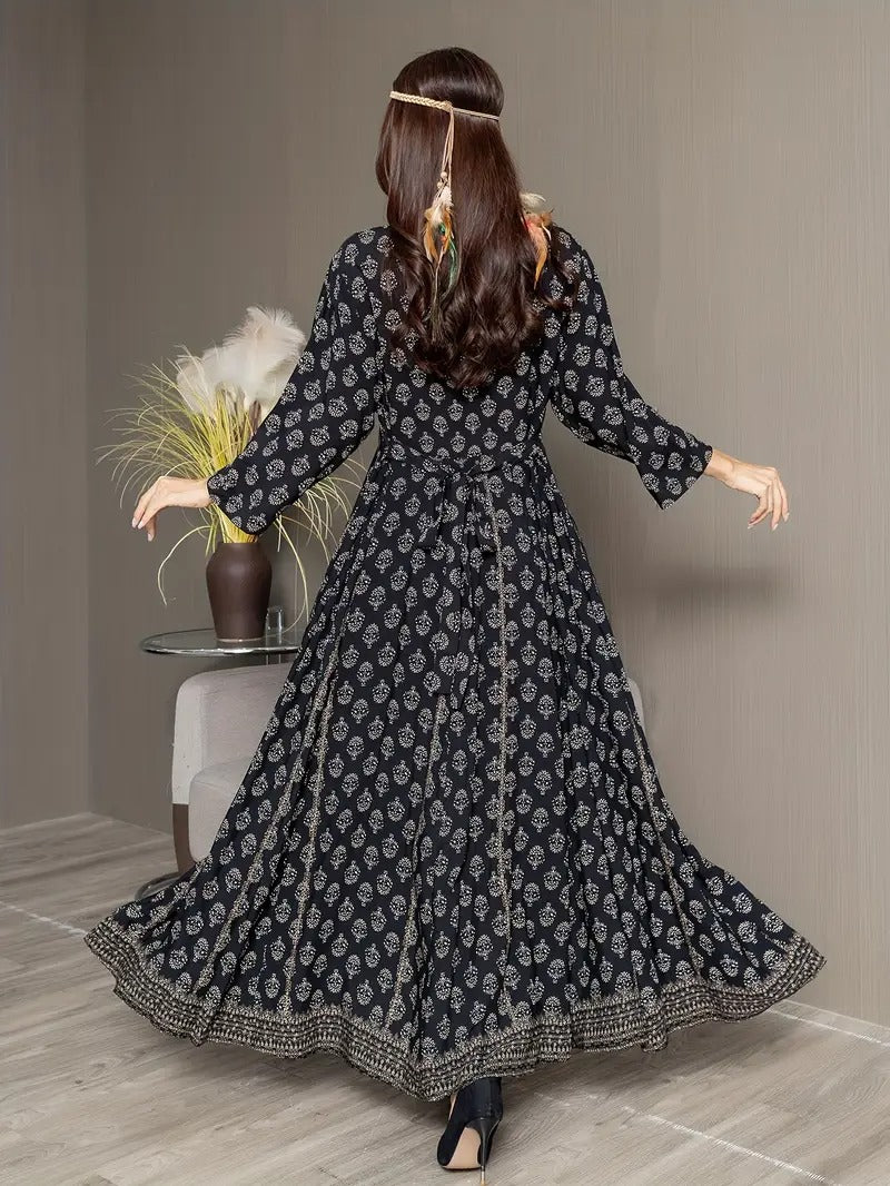Ethnic inspired bohemian maxi dress golden detail flowy