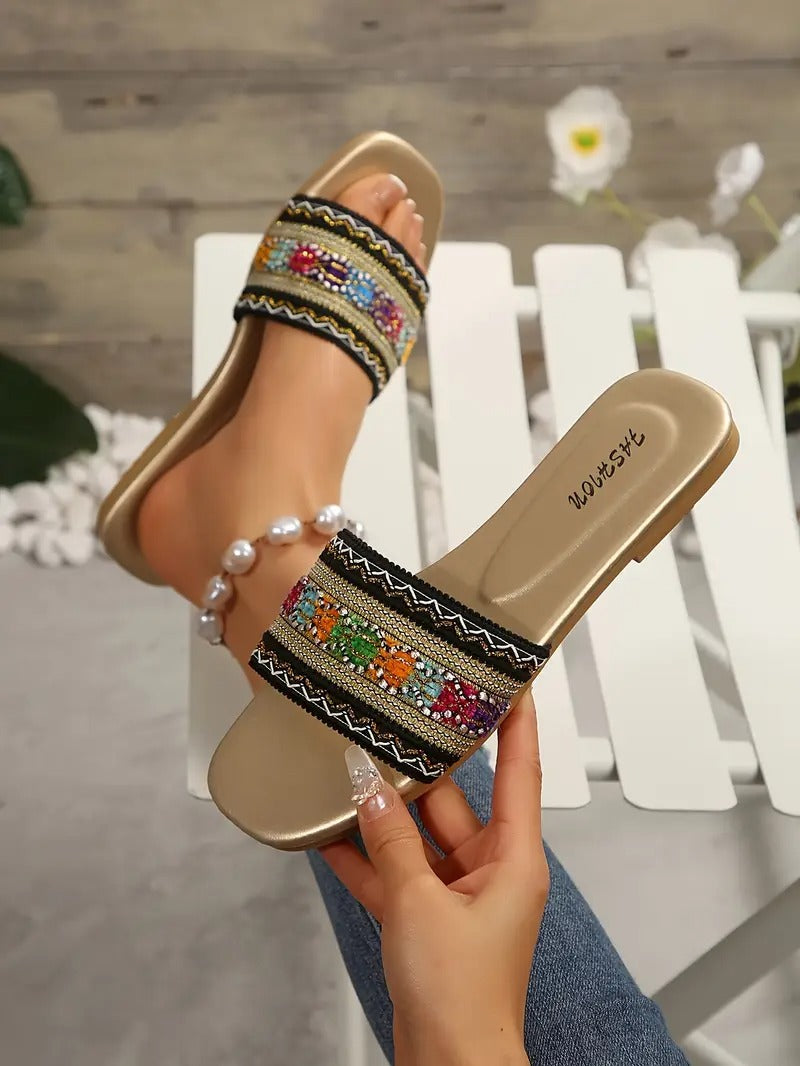 women's bohemian embroidered flat sandals colorful beaded