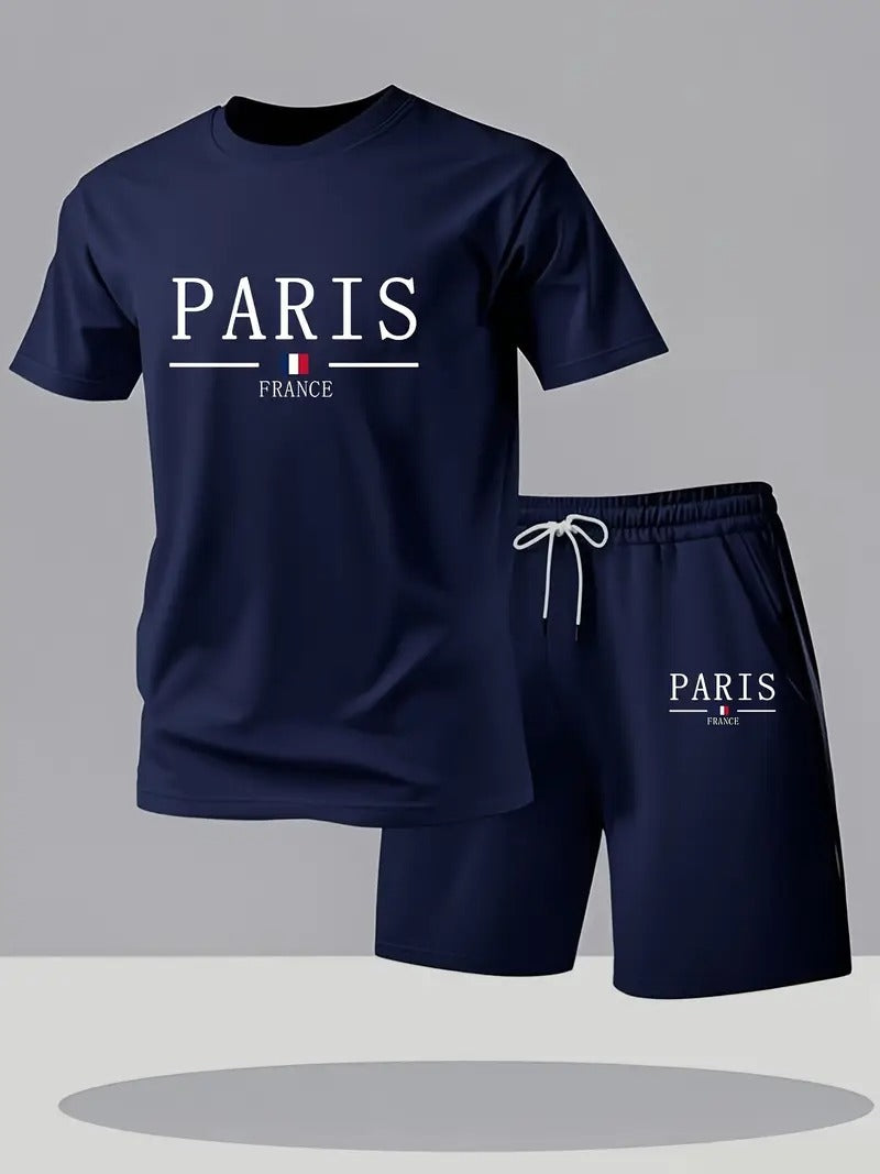 paris gradient letter print men' piece set_ crew neck