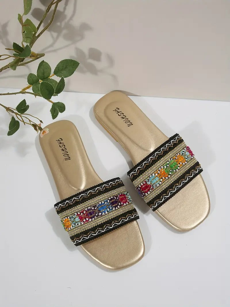 women's bohemian embroidered flat sandals colorful beaded