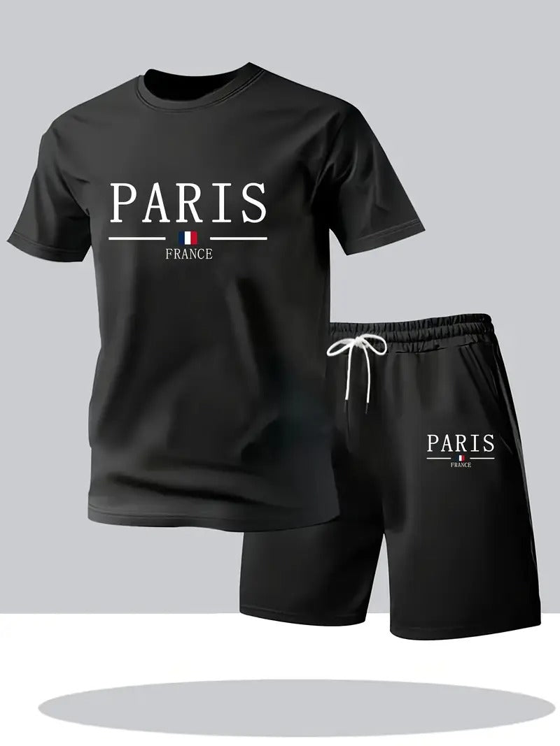 paris gradient letter print men' piece set_ crew neck