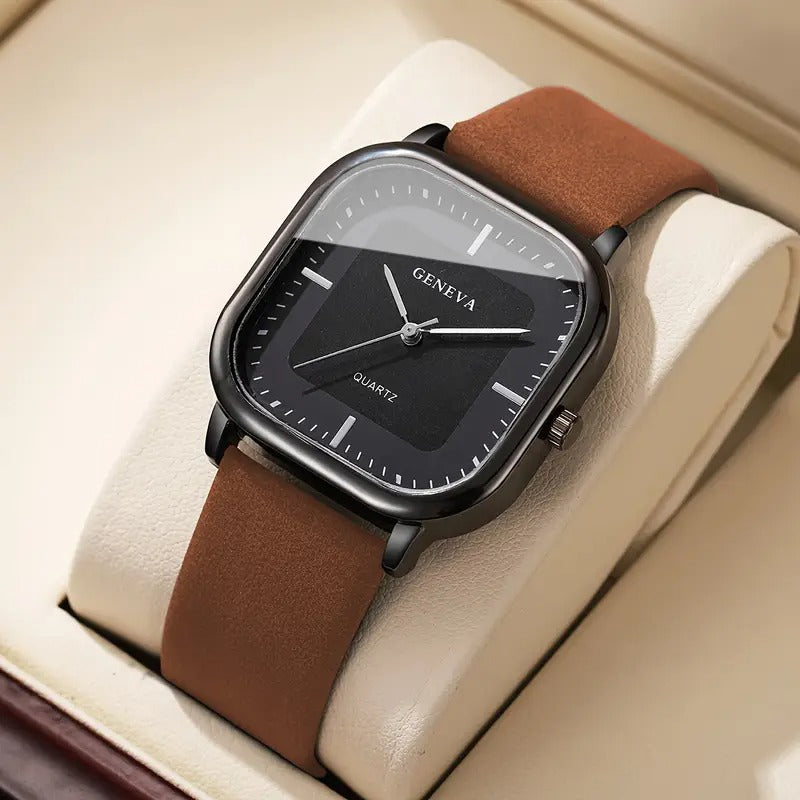 mens trendy square minimalist quartz watch with a scale dial 1pc set does not a watch box