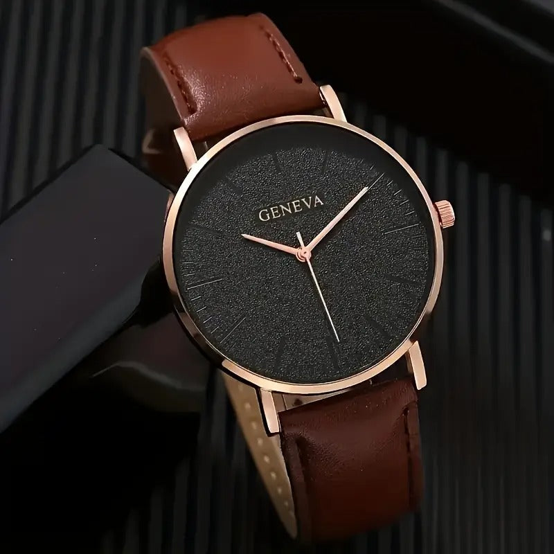 Elegant quartz watch men women rose golden alloy case brown