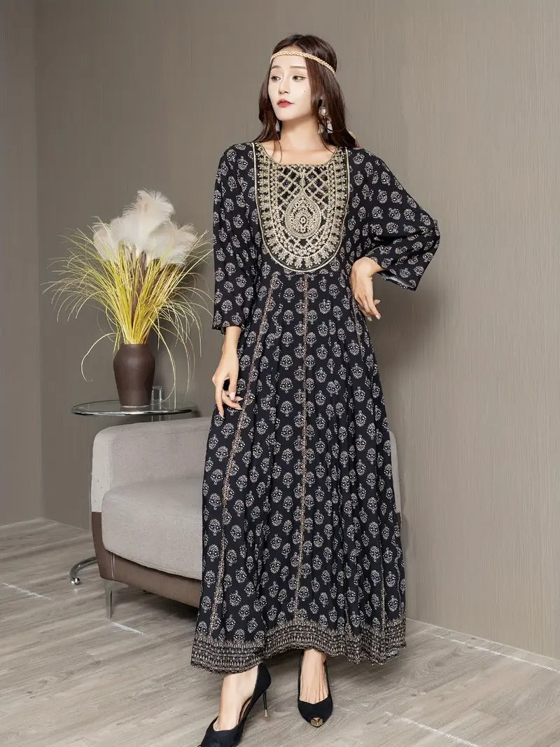 Ethnic inspired bohemian maxi dress golden detail flowy