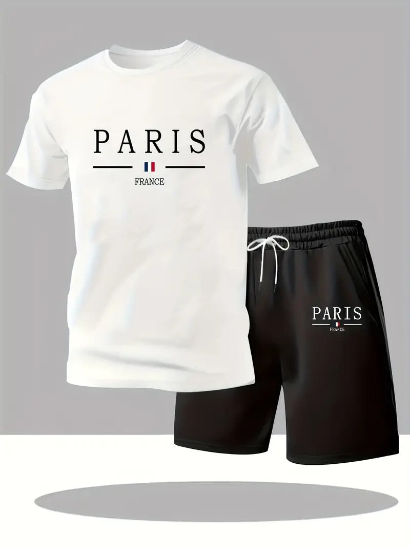 paris gradient letter print men' piece set_ crew neck